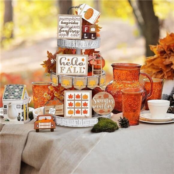 New 14‎ Pcs Fall Tiered Tray Decor Set - Rustic Farmhouse Pumpkin & Spice Blocks - Picture 6 of 7